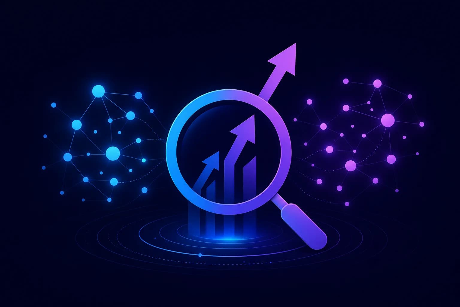 AI-zichtbaarheid meten met GEO tools Abstracte illustratie van een vergrootglas, stijgende grafieklijnen en een keyword-cloud in blauw-paarse gradient tegen donke