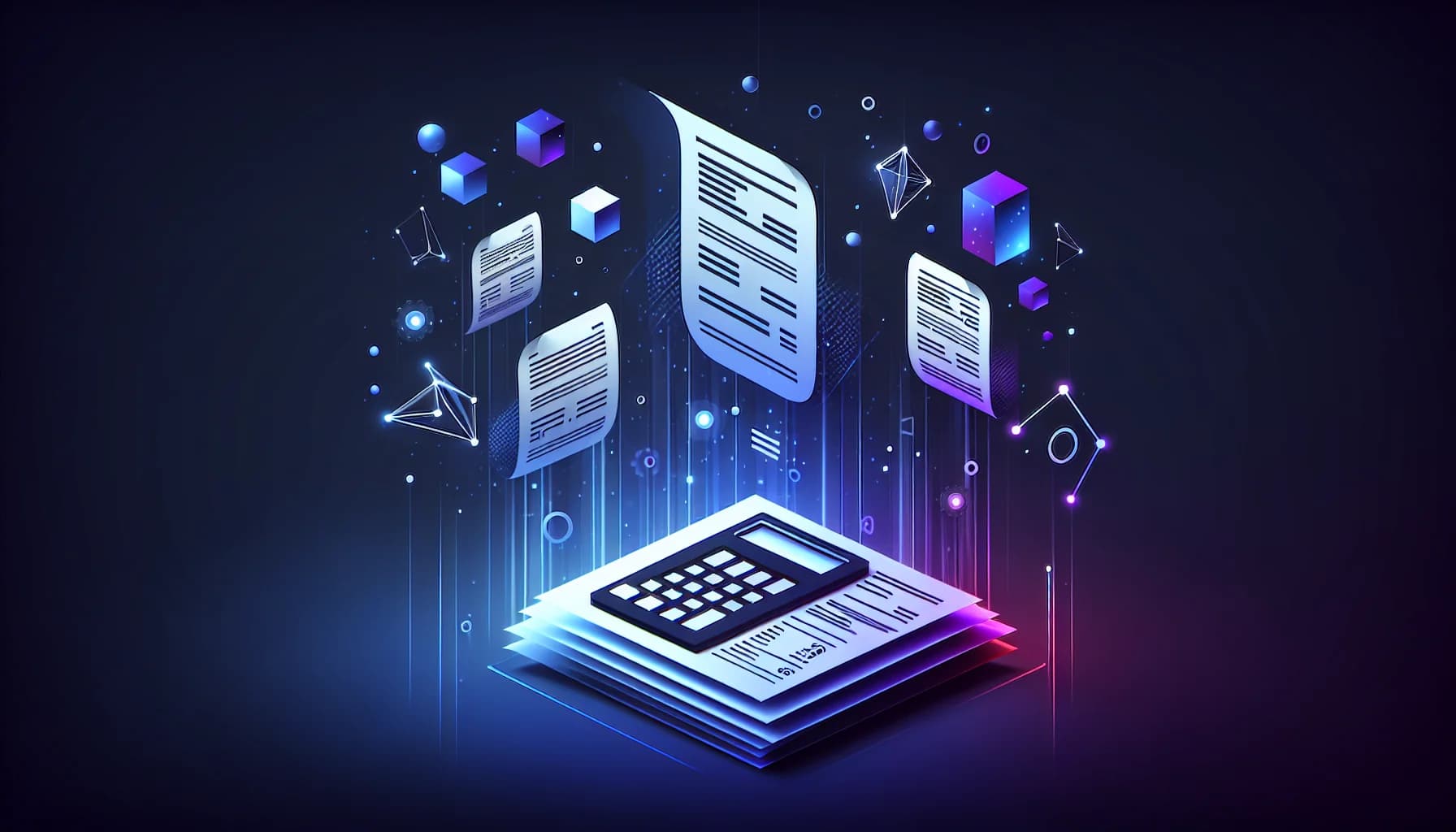 Boekhoudsoftware vergelijken - Nederlandse boekhoudprogramma's 2026 Geometrische factuur documenten en rekenmachine elementen in blauw-paarse gradiënt op donkere achtergrond