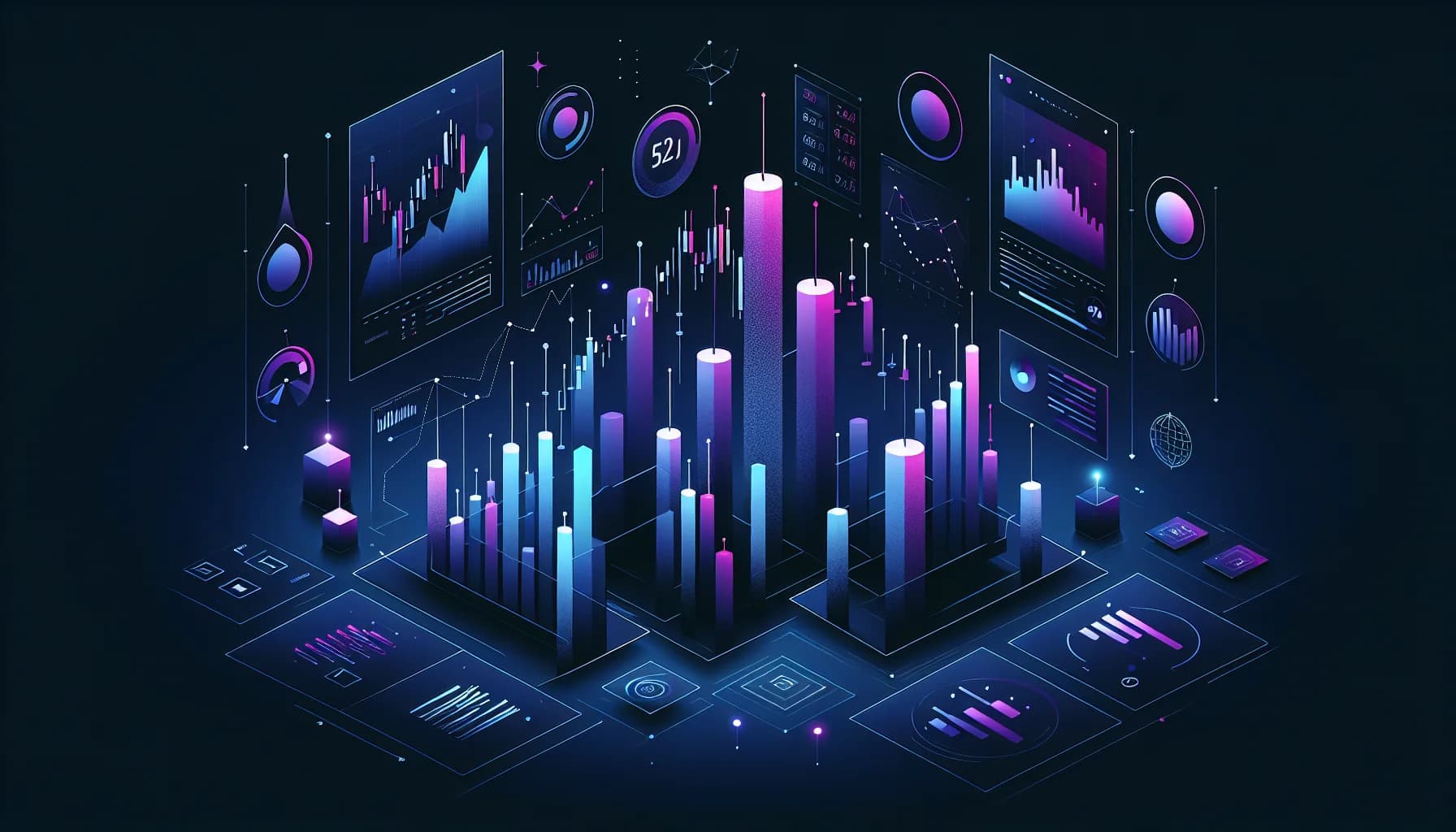 Finance trading vergelijken - Nederlandse gids voor handelplatforms Abstracte candlestick grafieken en trading dashboard elementen met blauw-paarse kleuren op donkere achtergrond