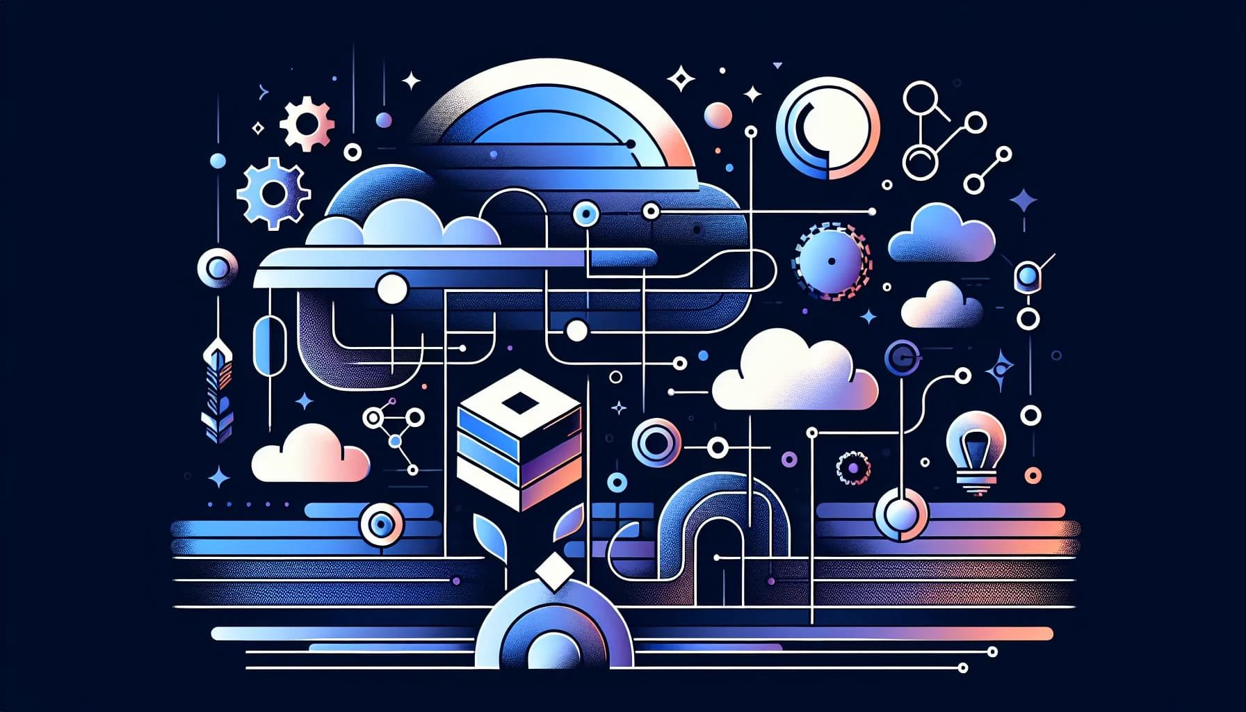 SaaS tools vergelijking illustratie - Complete gids 2026 Abstracte productiviteitstools en workflow connectoren in blauwe gradiënten op donkere achtergrond