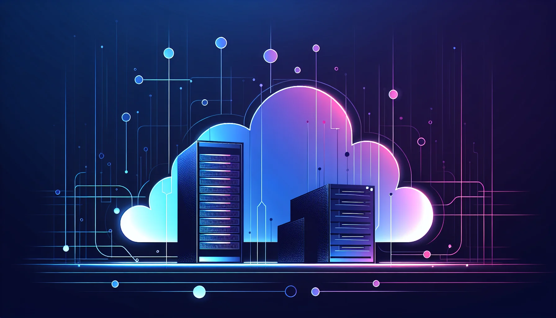 Server infrastructuur visualisatie voor domeinnaam registratie guide Abstracte illustratie van server racks en cloud vormen met data lijnen voor goedkope domeinnaam artikel
