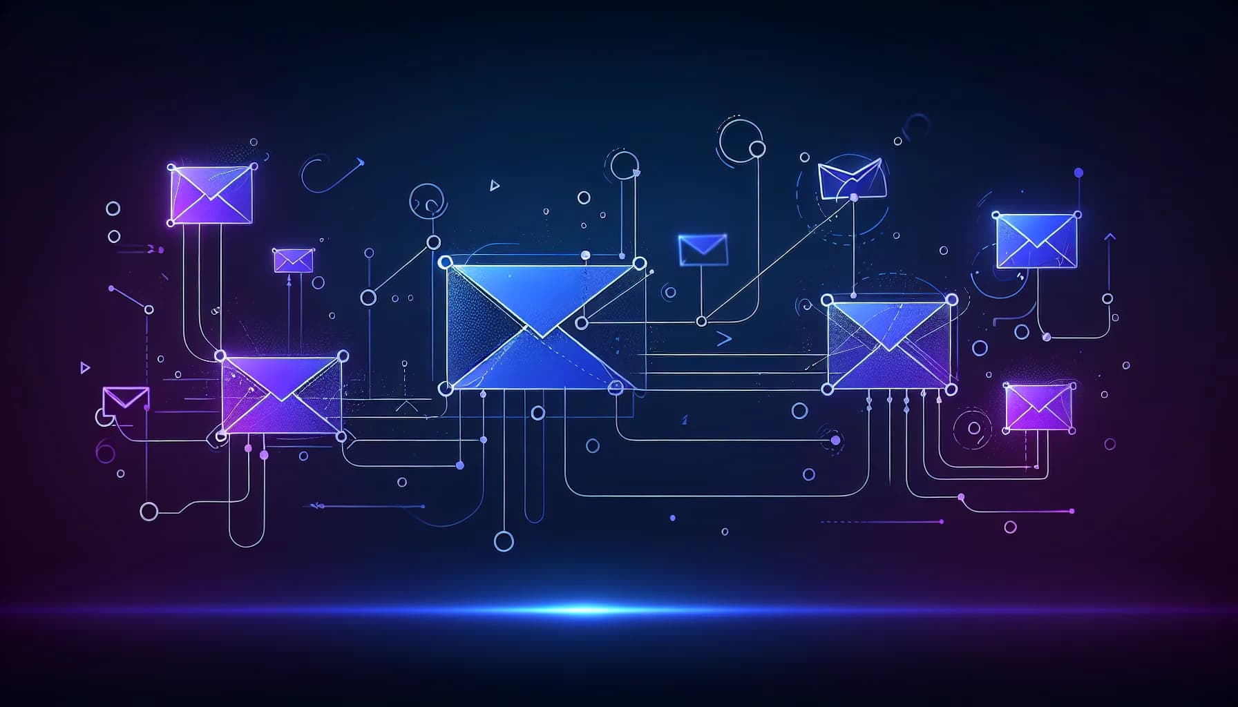Email marketing alternatieven visualisatie Abstracte enveloppen verbonden door stroomdiagrammen met blauw-paarse accenten op donkere achtergrond