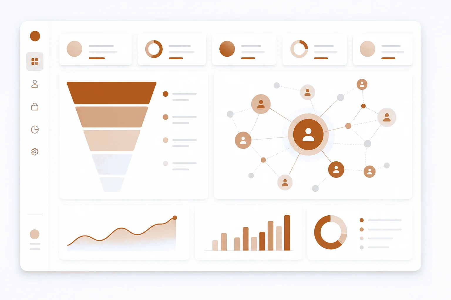 Overzicht van CRM-dashboard met klantrelatiebeheer Dashboard met pijplijnvisualisatie en verbonden klantrelatie-knooppunten als symbool voor een gratis CRM-systeem