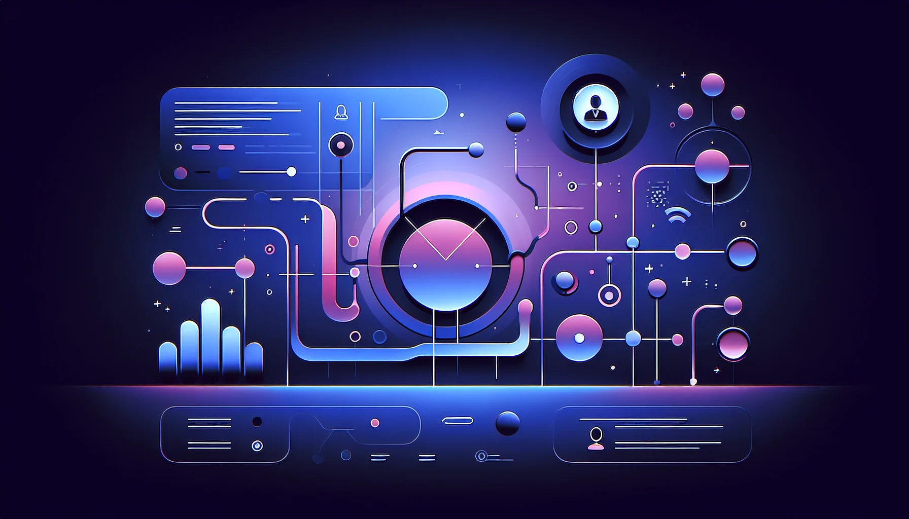 Gratis CRM-systemen dashboard interface illustratie voor 2026 Modern CRM dashboard interface met pipeline visualisatie en klantrelatie grafieken in blauw-paarse tinten