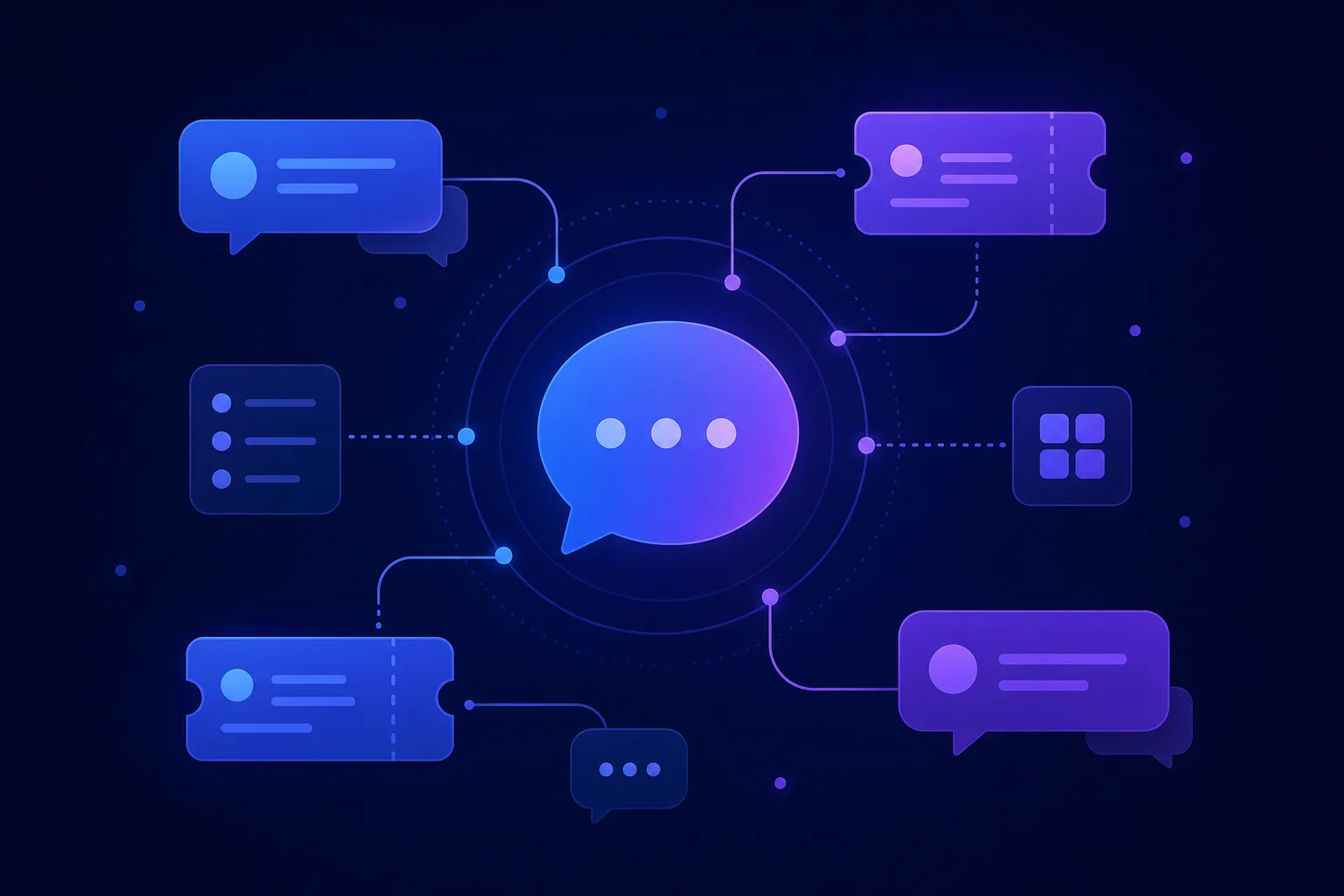 Vergelijking helpdesk ticket systemen 2026 Abstracte chatbubbels en ticketvormen verbonden door lijnen, symbool voor een helpdesk ticket systeem
