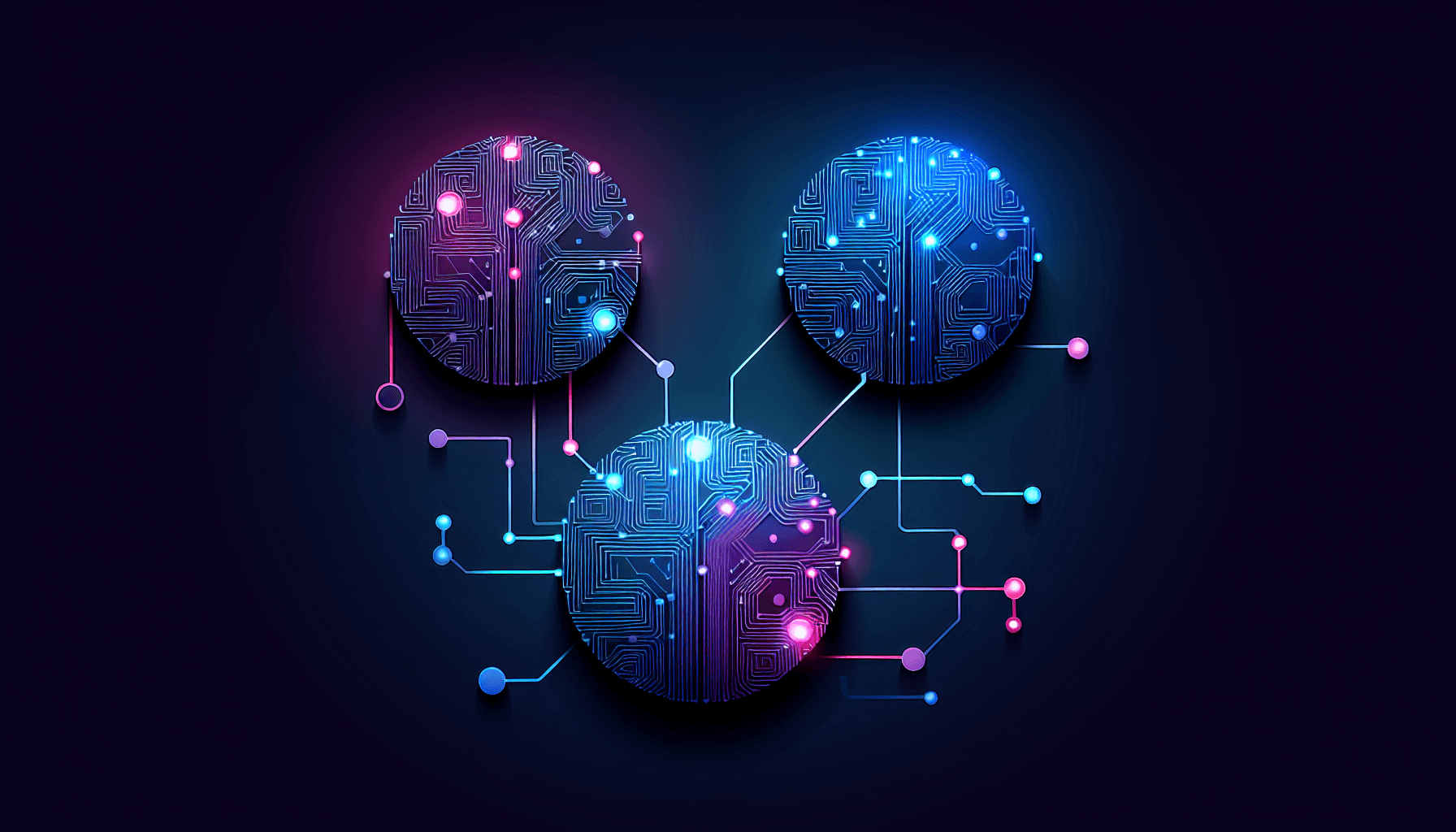 Visuele weergave van AI tools vergelijking - ChatGPT vs Claude vs Jasp Drie verbonden AI neurale netwerk nodes met circuit patronen in blauw-paars kleurverloop voor AI tool vergelijking