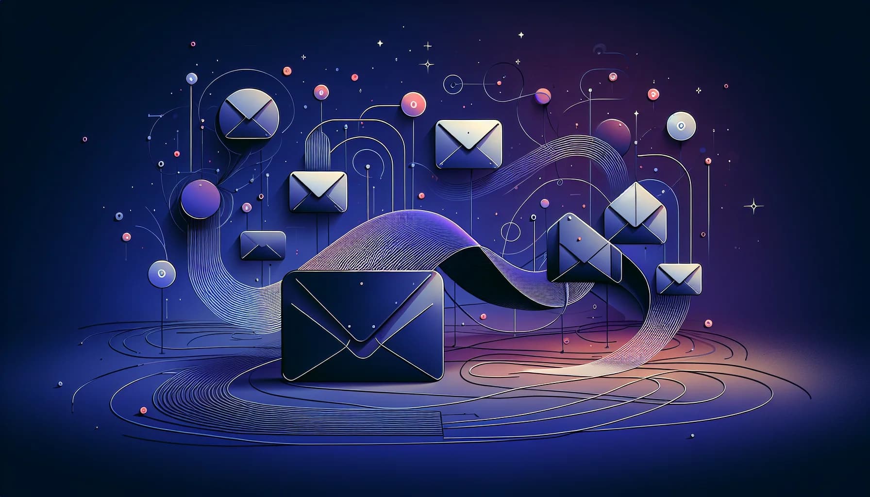 Email marketing tool selectie visualisatie met moderne flow diagrammen Abstracte enveloppen verbonden door stroomdiagrammen met inbox visualisatie elementen op donkerblauwe achtergrond
