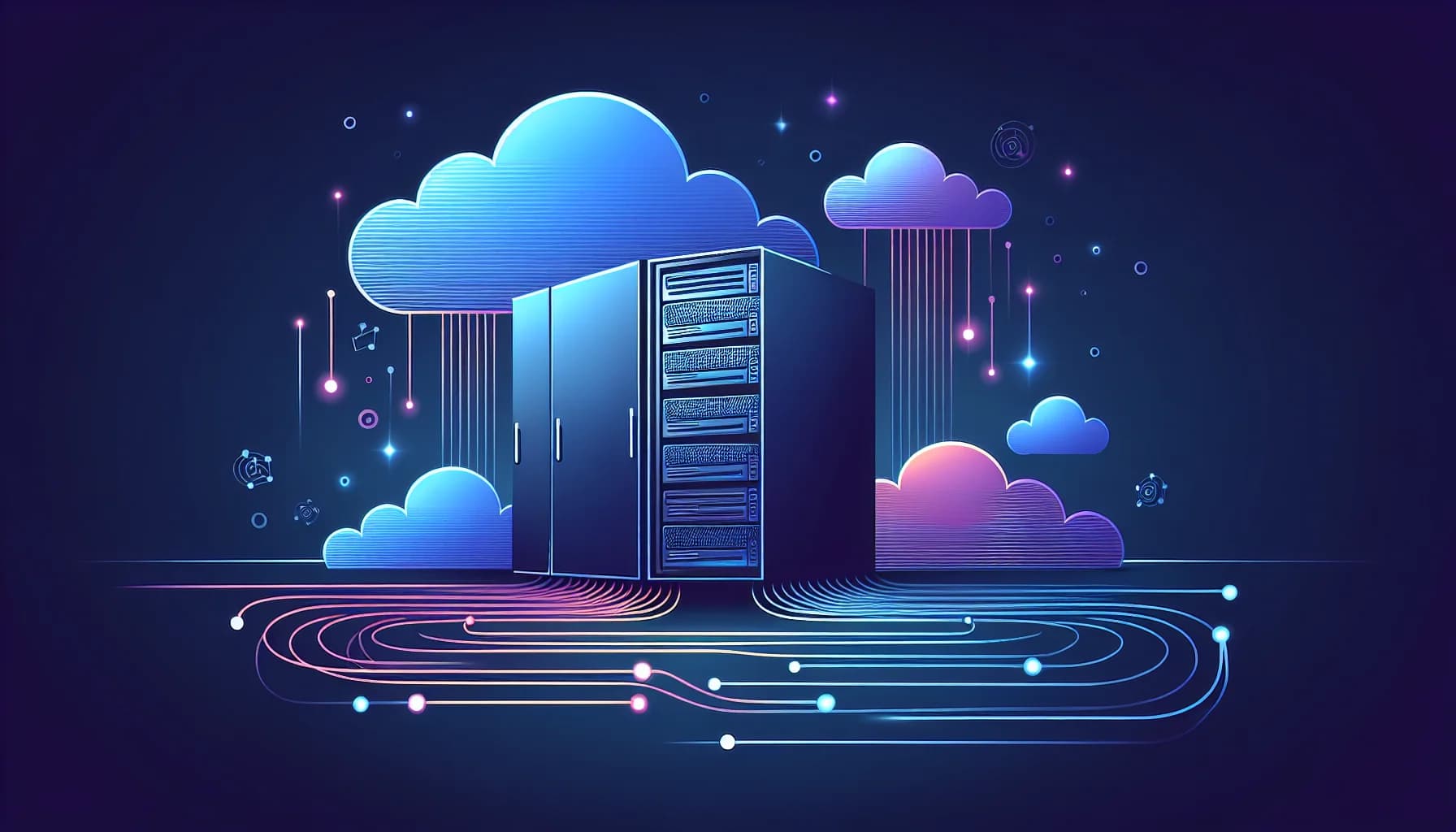 Visuele weergave van webhosting infrastructuur en cloud technologie Abstract server racks en cloud vormen met data verbindingslijnen in blauw-paarse tinten voor webhosting keuze