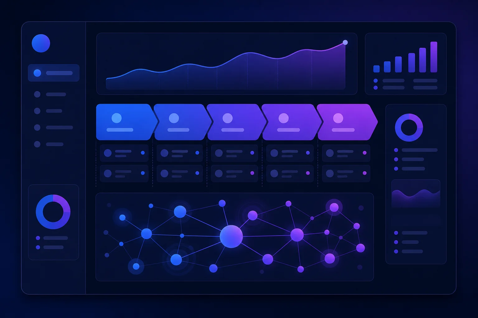 CRM dashboard visualisatie met pipeline en klantrelatie-netwerk Abstract dashboard met pipeline-visualisatie en verbonden klantnetwerk-nodes in blauw-paarse gradiënt