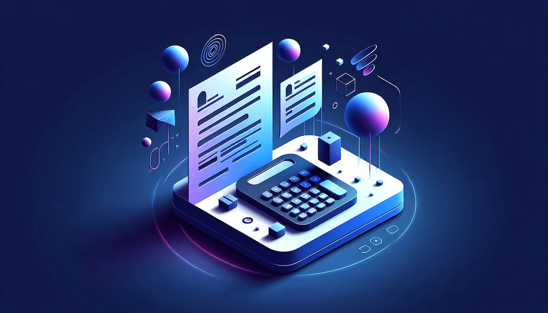 Moderne illustratie voor Jortt boekhoudsoftware review en AI bot test Abstracte factuur documenten en calculator elementen in blauw-paars gradient voor Jortt boekhoudbot review