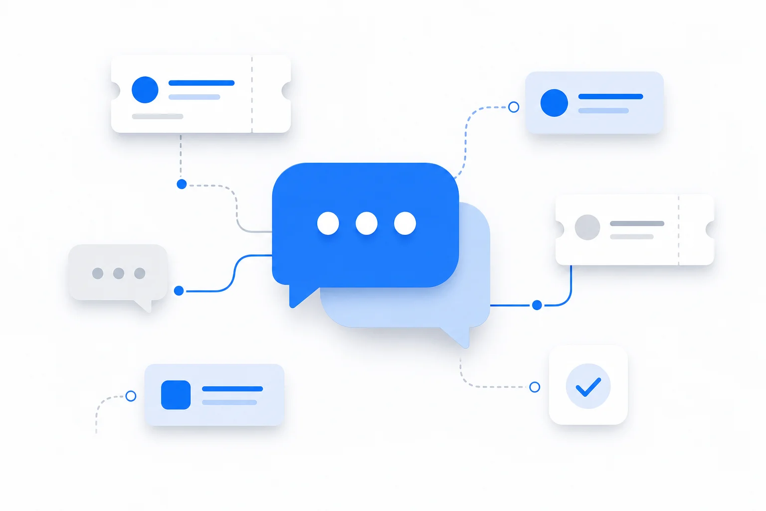 Vergelijking van helpdesk alternatieven in beeld Geometrische chatbubbels en supportticket-iconen verbonden door lijnen, symbool voor helpdesk alternatieven