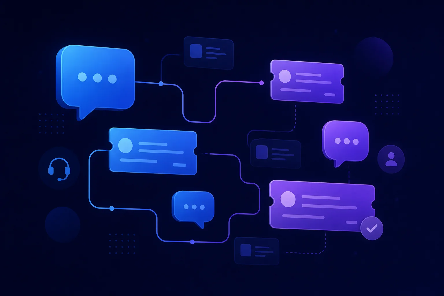 Vergelijking van helpdesk software alternatieven Abstracte illustratie van chatbubbels en supporttickets die verbonden helpdesksoftware symboliseren