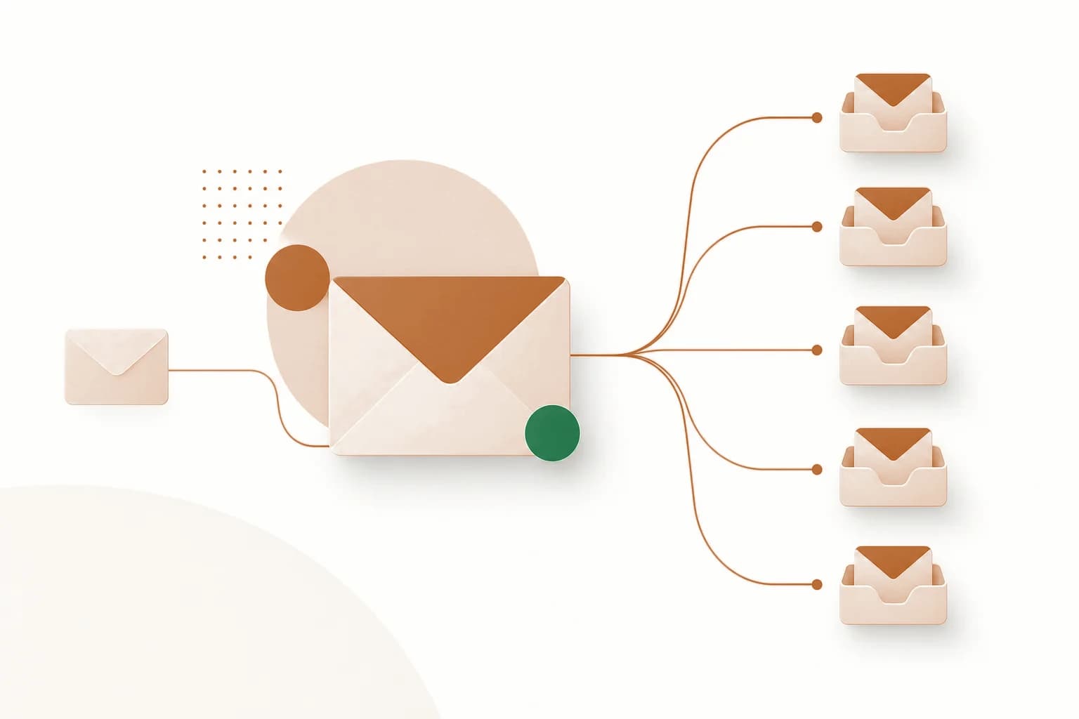 Mailchimp alternatief: email marketing tools vergeleken Abstracte envelop-iconen verbonden door flowdiagram-lijnen naar meerdere inbox-symbolen als Mailchimp alternatief