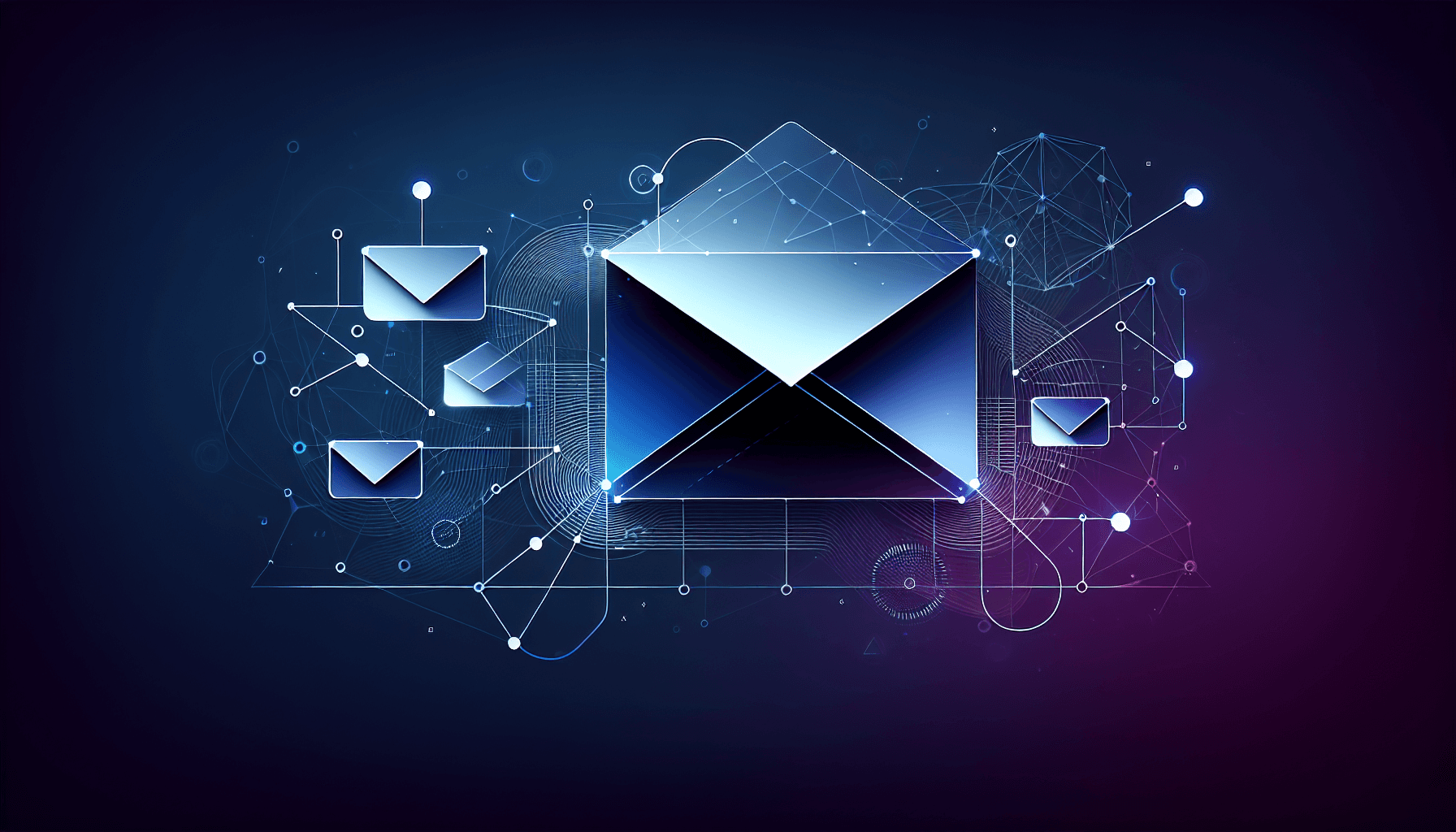 Email marketing tools alternatief vergelijking illustratie Abstracte visualisatie van e-mail enveloppen verbonden door stroomdiagrammen voor email marketing tools vergelijking