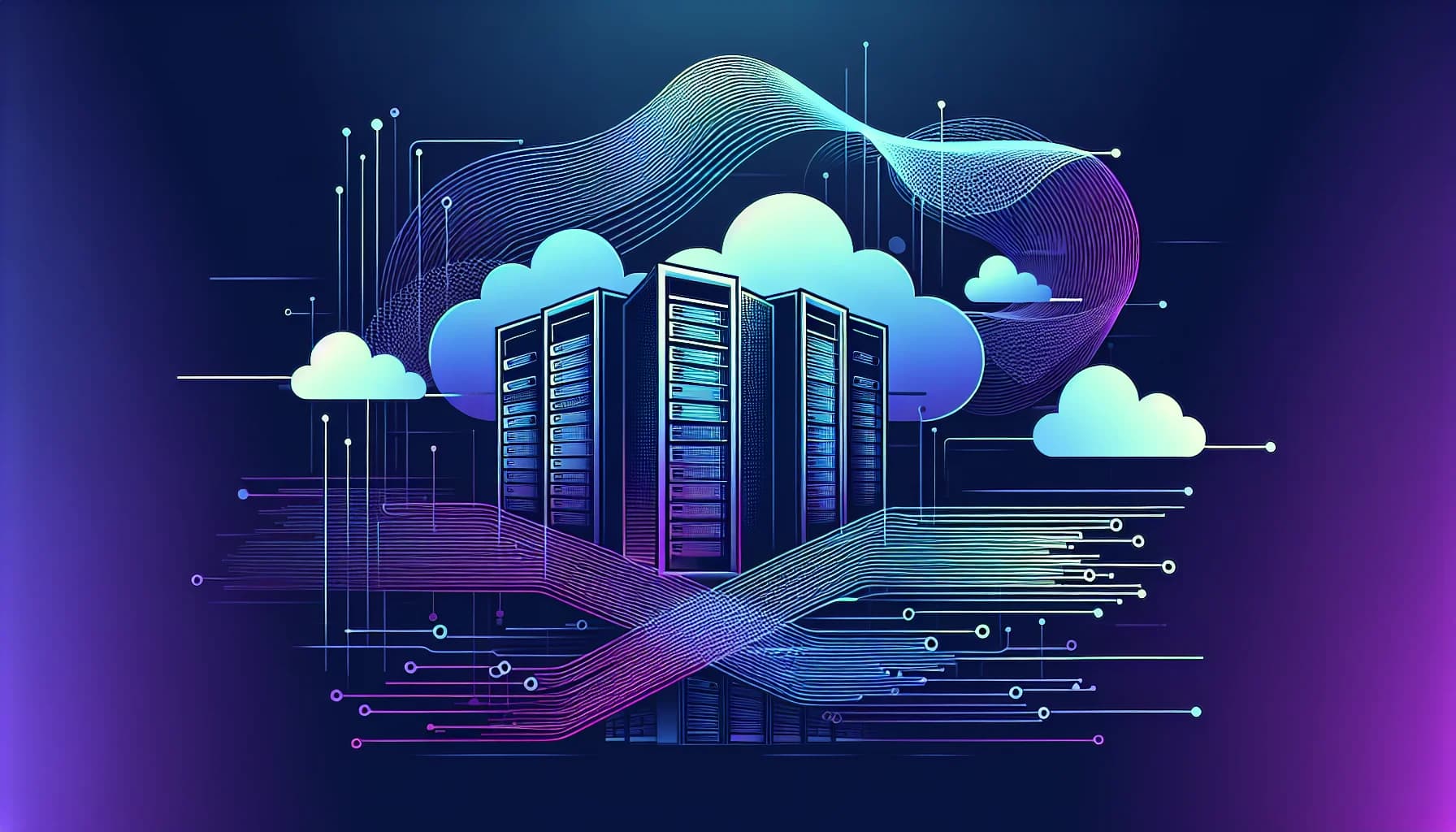 Vergelijking managed cloud hosting providers Nederland 2026 Abstracte serverracks met cloud vormen en datastromen in blauw-paarse kleuren voor managed hosting diensten