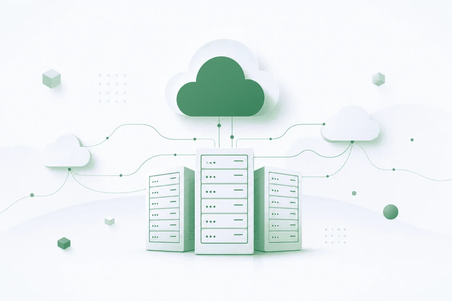 Managed cloud hosting vergelijking Nederland 2026 Abstracte illustratie van serverracks en cloudvormen verbonden met datalijnen in blauwtinten