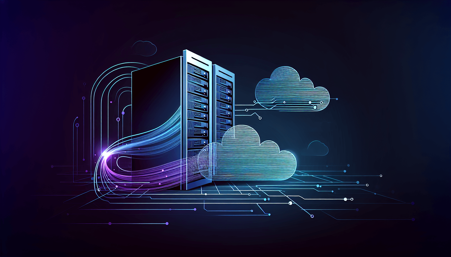 Visuele representatie van managed hosting infrastructuur en cloud serv Abstracte server racks en cloud vormen met data stromen in blauw-paarse kleuren voor managed hosting artikel