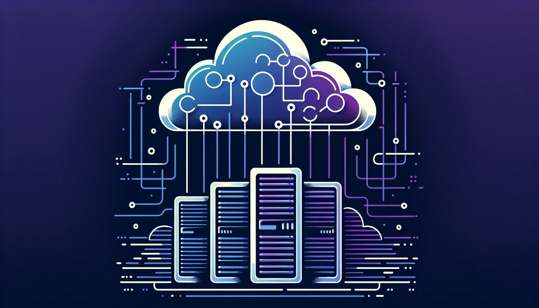 Managed VPS hosting providers vergelijking 2026 - visuele weergave Abstracte serverracks en cloudvormen met datastromen in blauw-paarse kleuren voor managed VPS hosting vergelijking