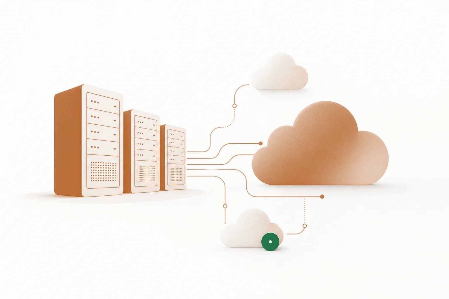 Managed VPS hosting vergelijken: overzicht providers 2026 Abstracte illustratie van servers en cloudvormen verbonden door datalijnen, symbool voor managed VPS hosting