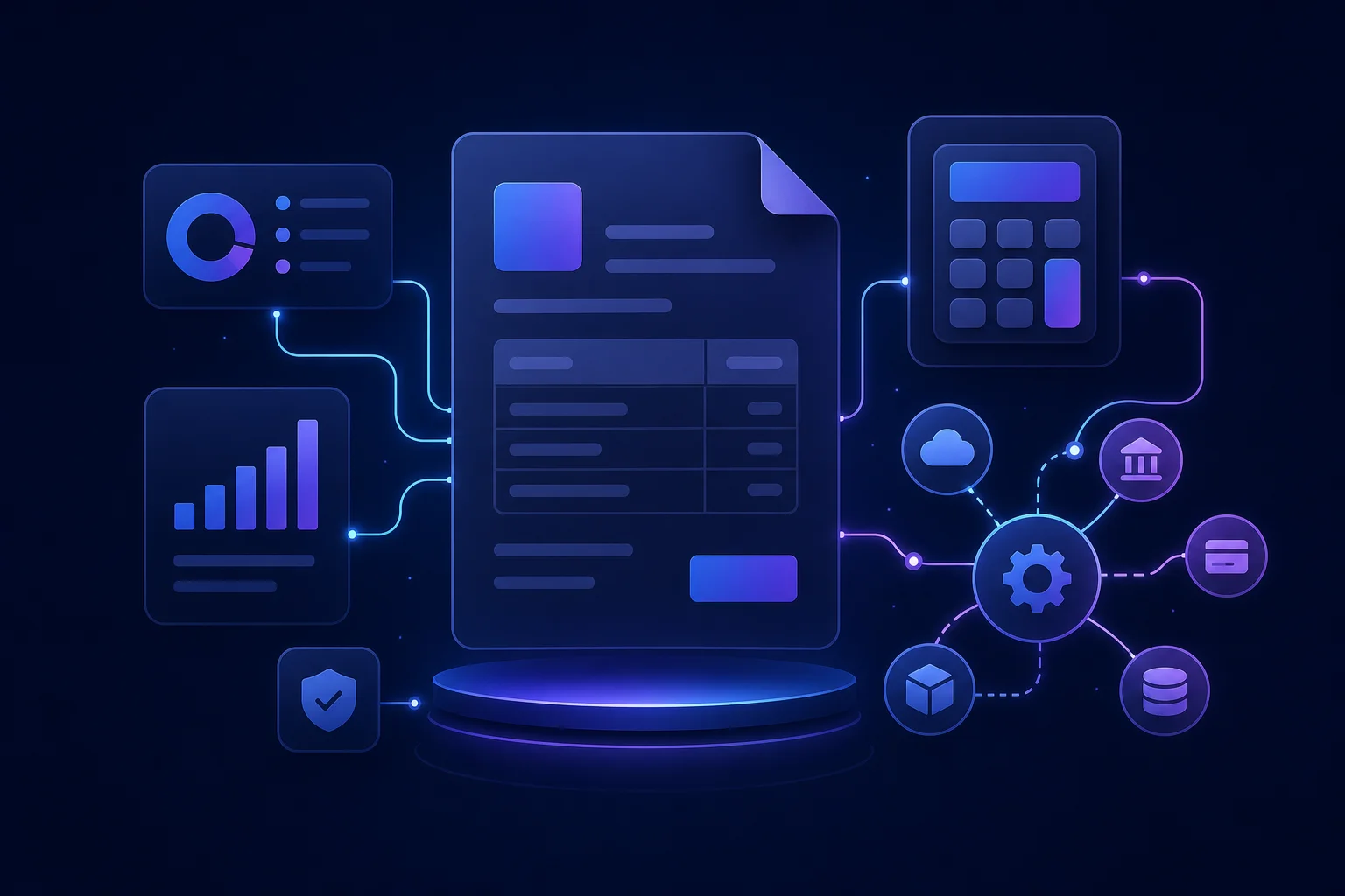 Moneybird API koppelingen visueel weergegeven Abstracte illustratie van verbonden facturen, rekenmachine-iconen en API-koppelingslijnen in blauw-paars tegen donkere achter