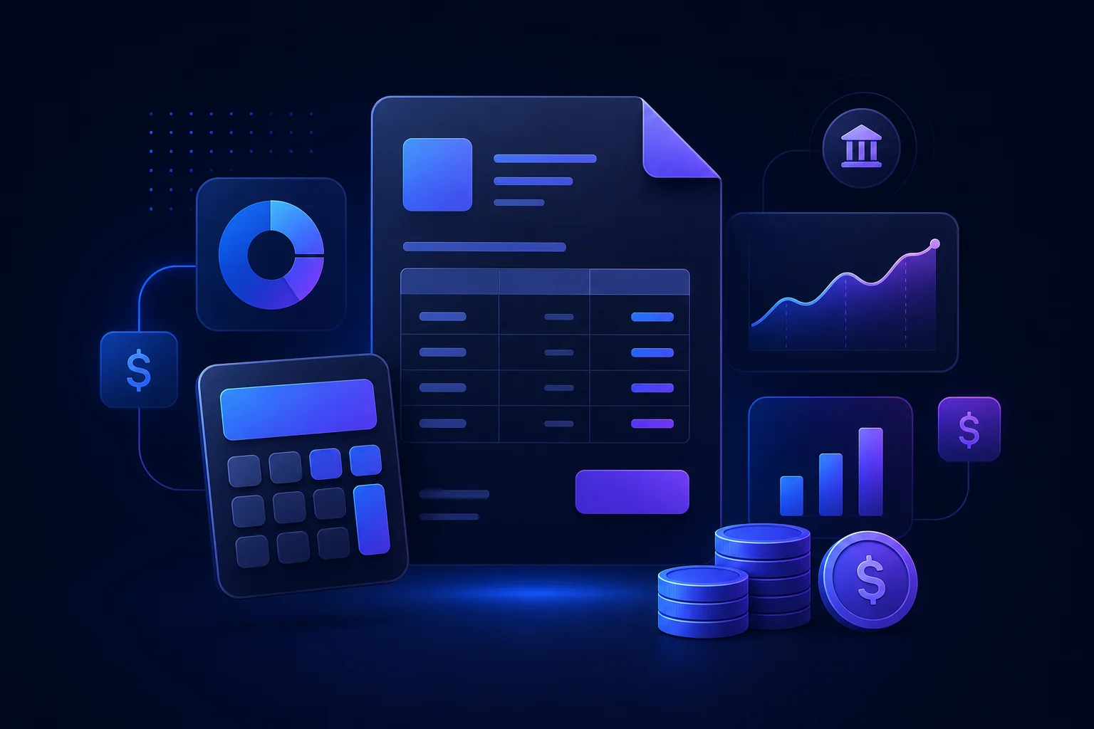 Moneybird betaalrekening - kosten en aanvraagproces Abstracte illustratie van factuurvormen en rekenmachine-iconen symboliseert een betaalrekening voor boekhouding