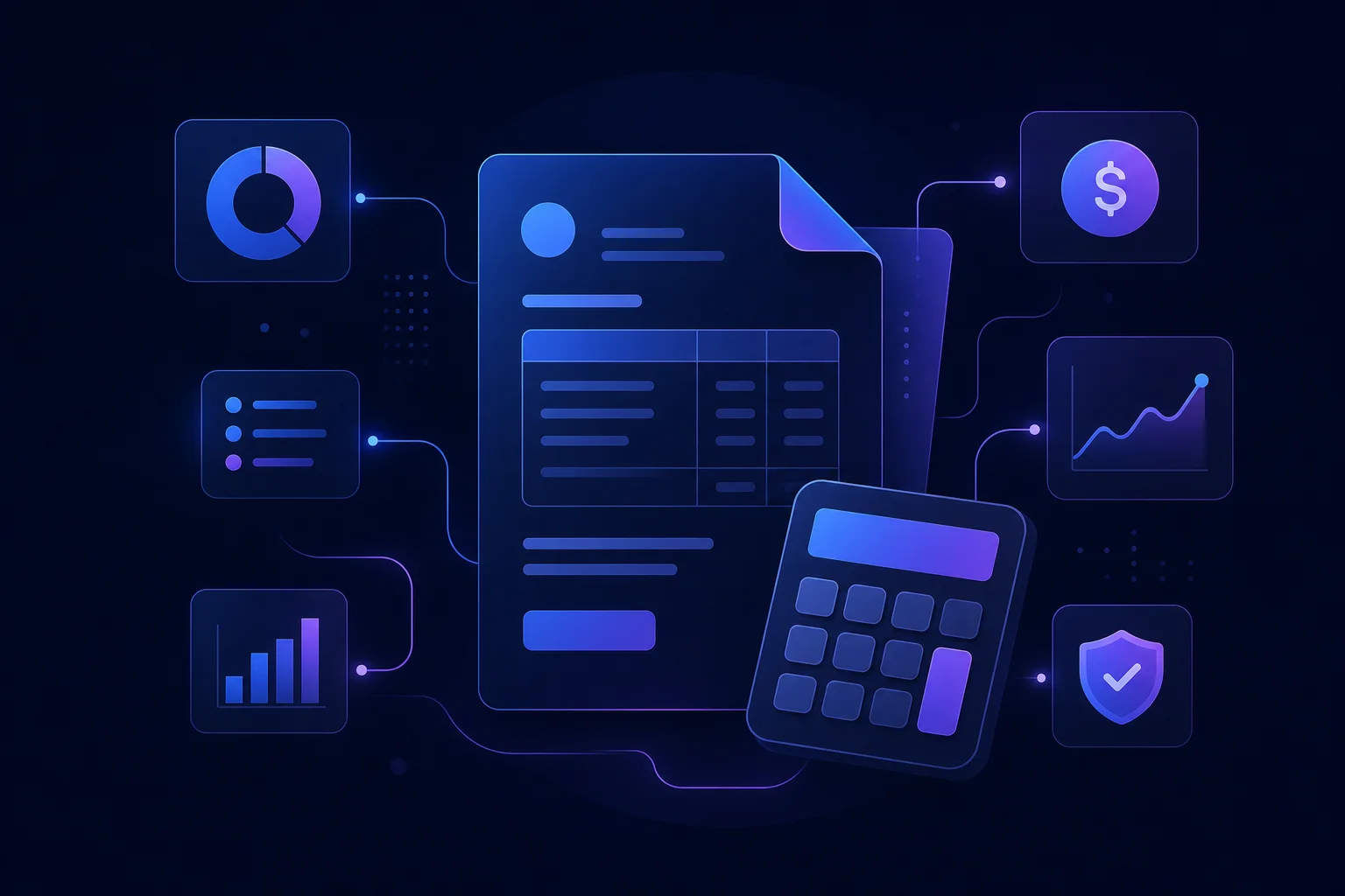 Boekhoudsoftware illustratie met factuur- en rekenmachine-iconen Abstracte illustratie van factuurvormen en rekenmachine-iconen symboliseert boekhoudsoftware Moneybird