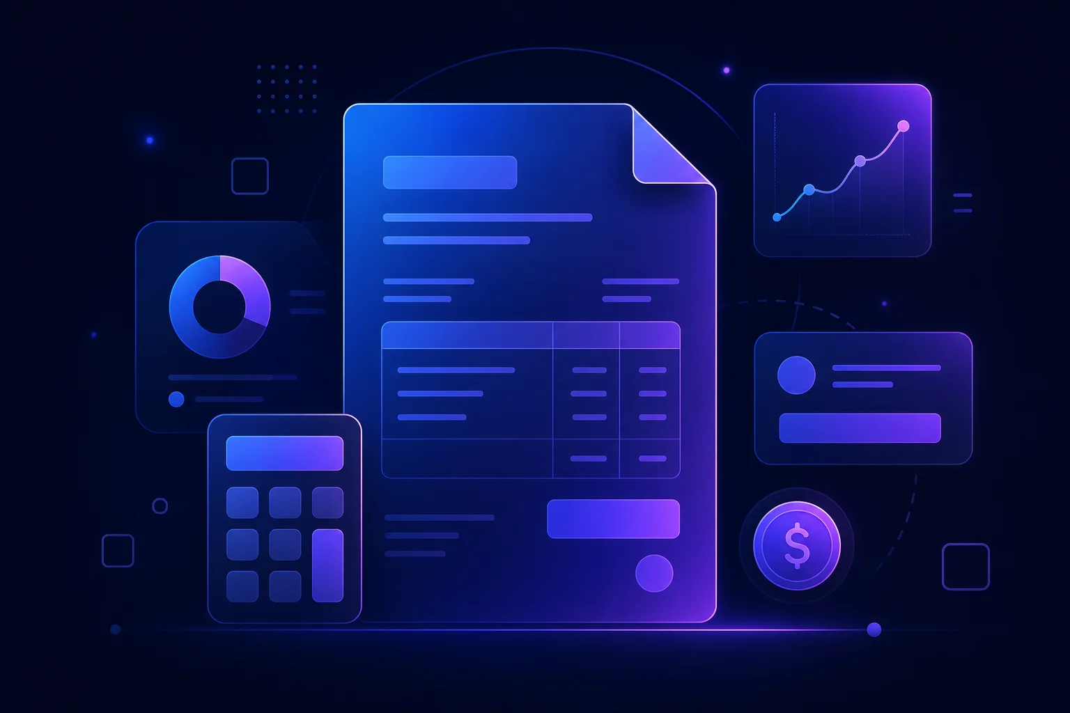 Factuur maken in Moneybird - visuele weergave Abstract illustratie van een digitaal factuurdocument met geometrische vormen en rekenmachine-iconen in blauw-paarse tinten