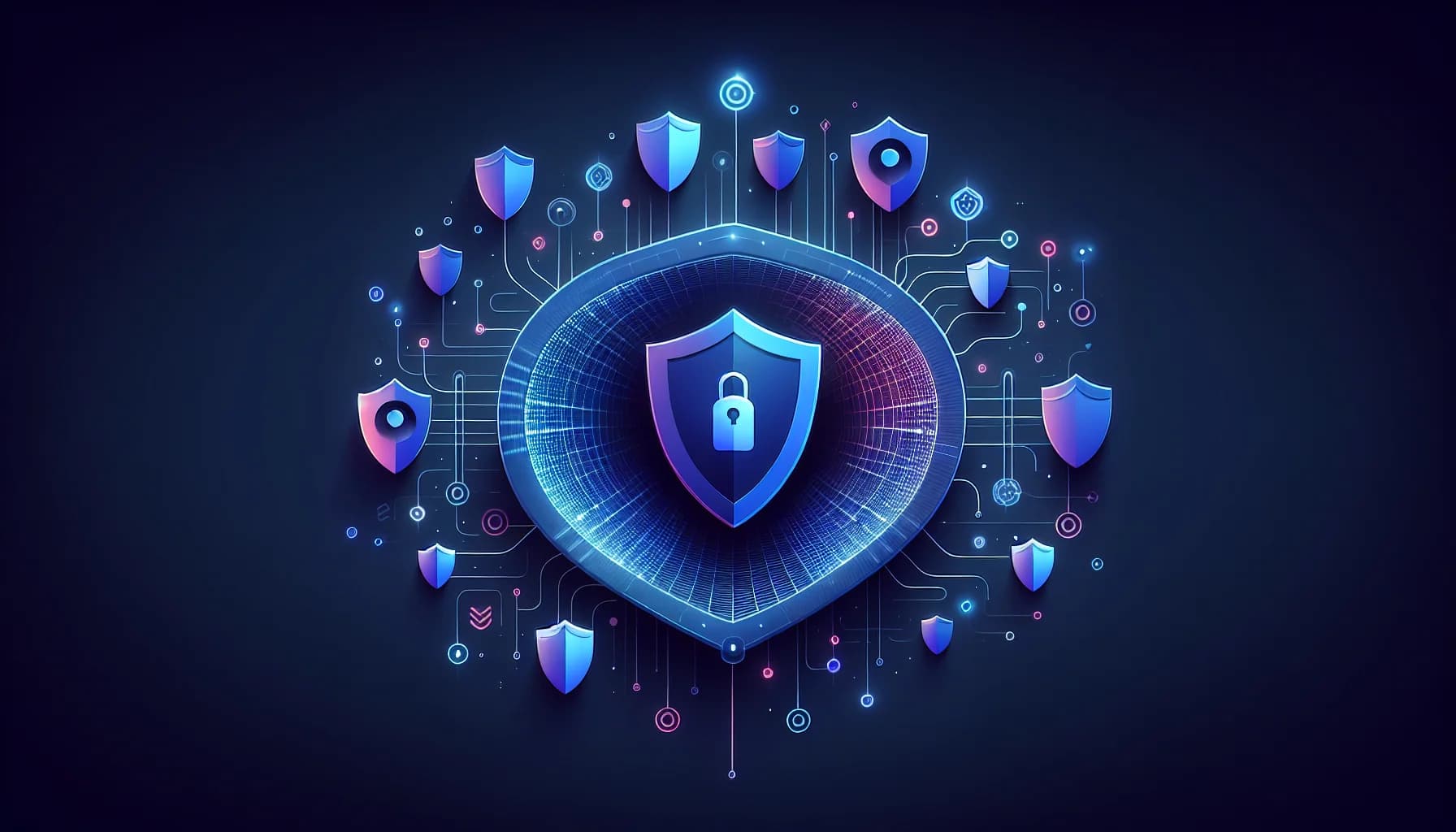 VPN beveiliging visualisatie met schild iconen en versleutelde tunnels Abstract schild iconen verbonden door versleutelde tunnels met netwerk nodes in blauw-paarse tinten voor NordVPN review