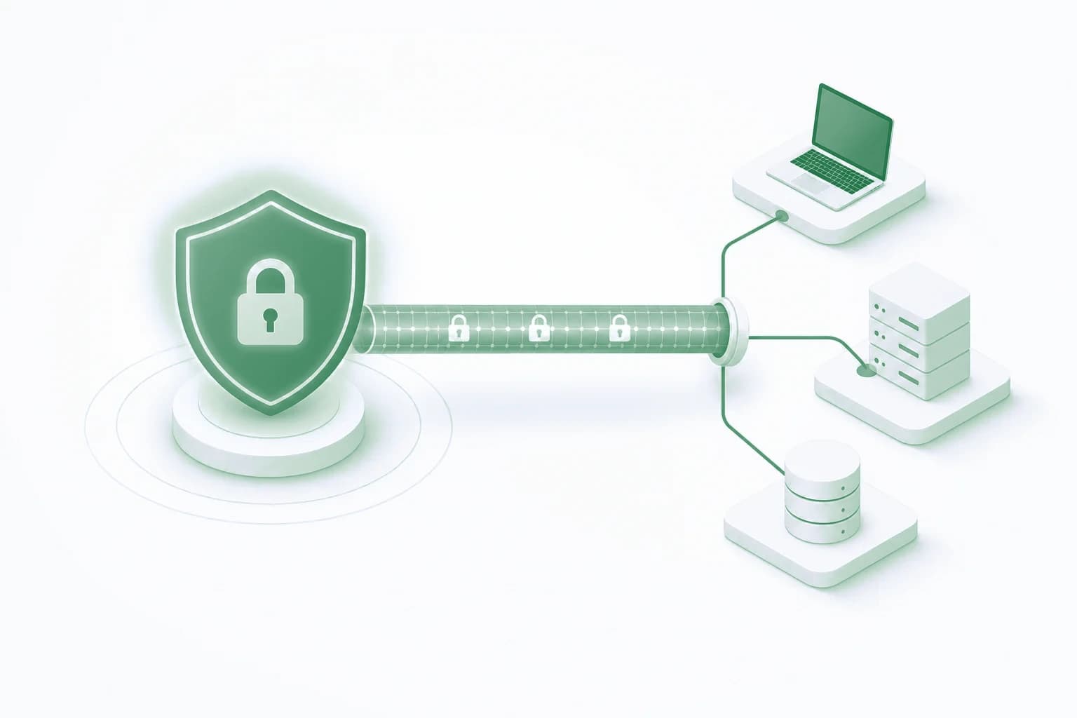 Visuele weergave van VPN-beveiliging en versleutelde verbindingen Blauw schildicoon met beveiligde tunnel tussen netwerkknooppunten, symbool voor VPN-encryptie