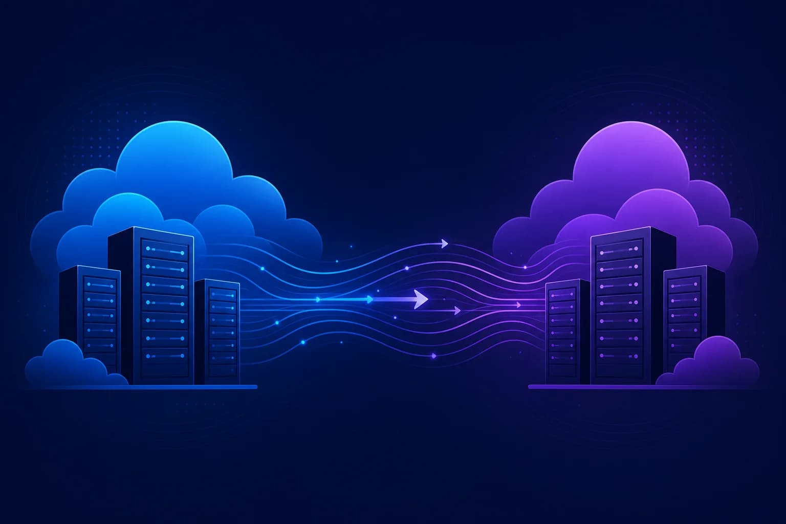 Data overstappen tussen hostingproviders onder de EU Data Act Abstracte illustratie van serverrack silhouetten en cloudvormen verbonden door datastroomlijnen die migratie tussen hostingpr