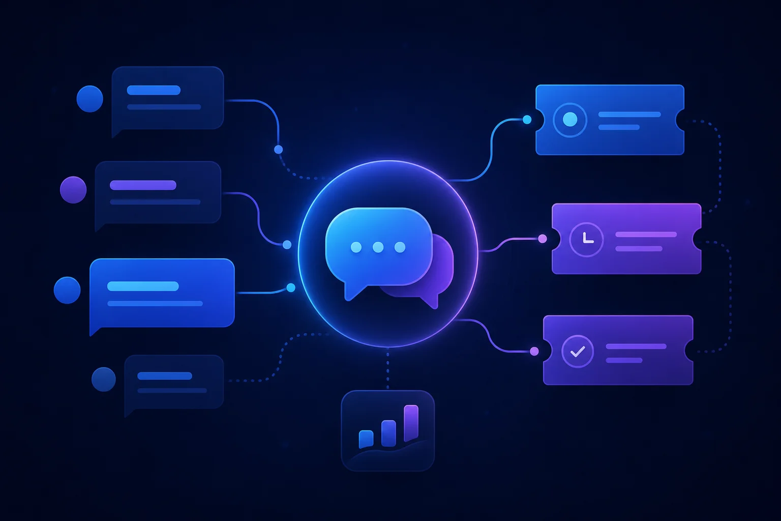 Vergelijking helpdesk software voor service desks Abstracte chatbubbels en supporttickets verbonden door lijnen in blauw-paars verlopend design