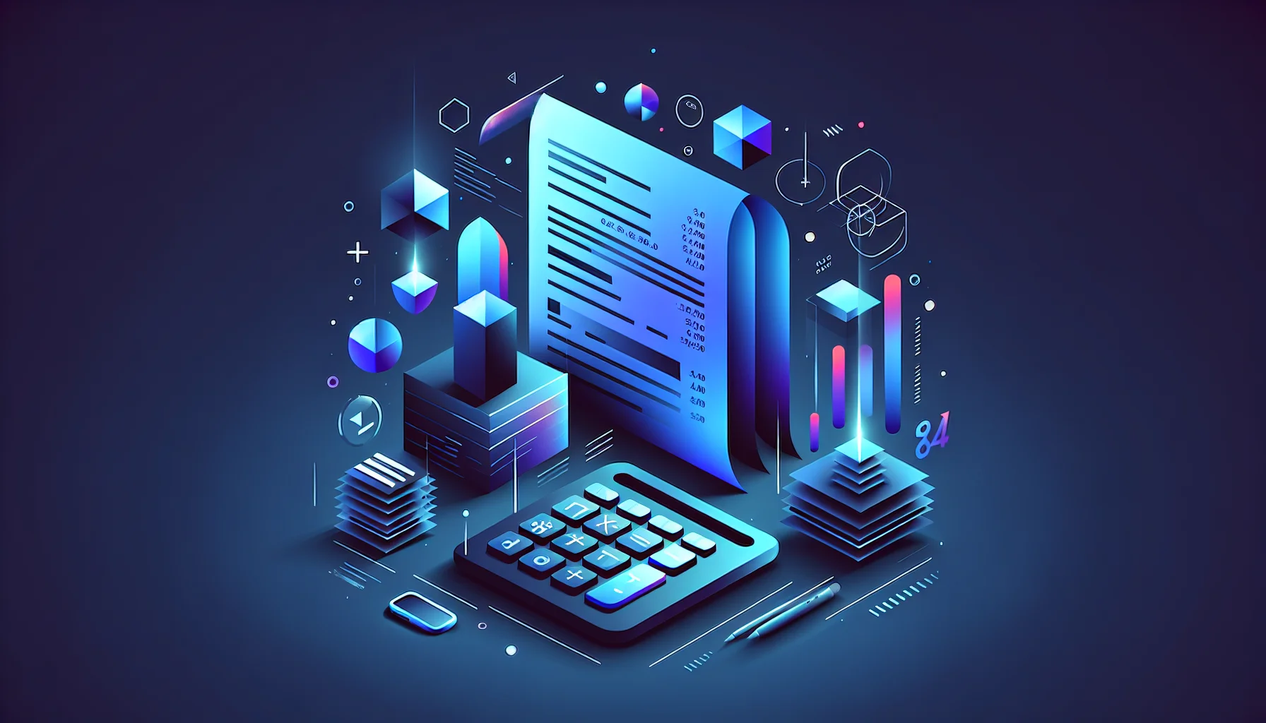 Nederlandse facturatiesoftware vergelijking - 7 beste programma's Abstracte factuur documenten en calculator elementen met blauwe gradiënt voor facturatiesoftware artikel