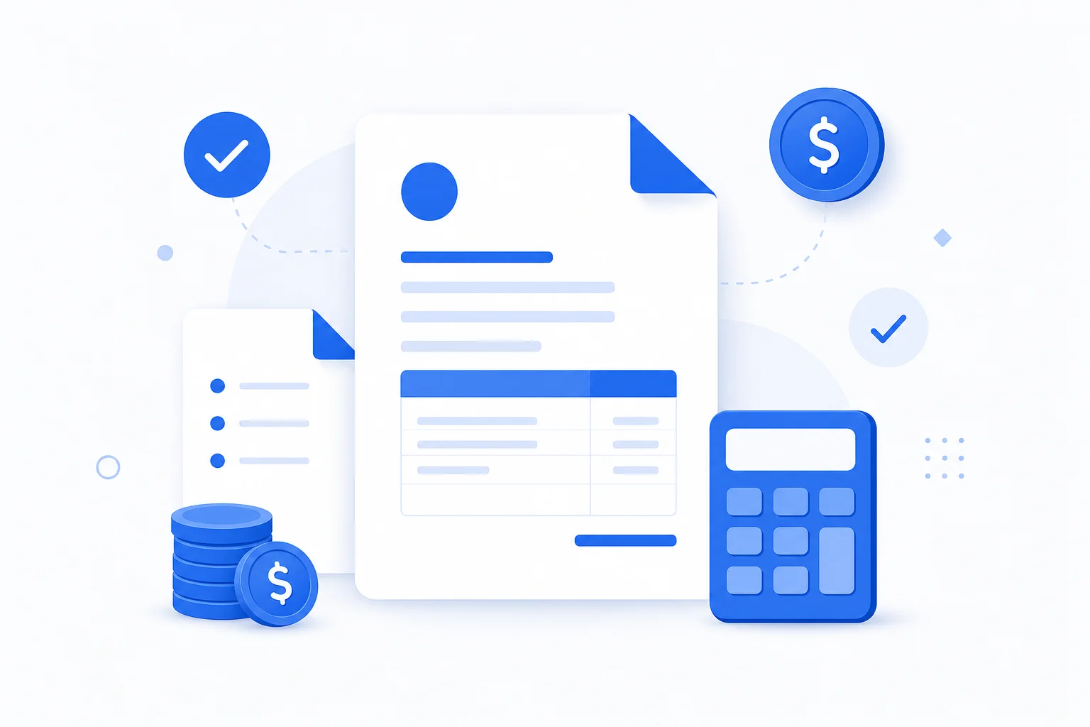 Overzicht van facturatiesoftware voor Nederlandse ondernemers Abstracte illustratie van facturen, een rekenmachine en financiële iconen symboliseert facturatiesoftware