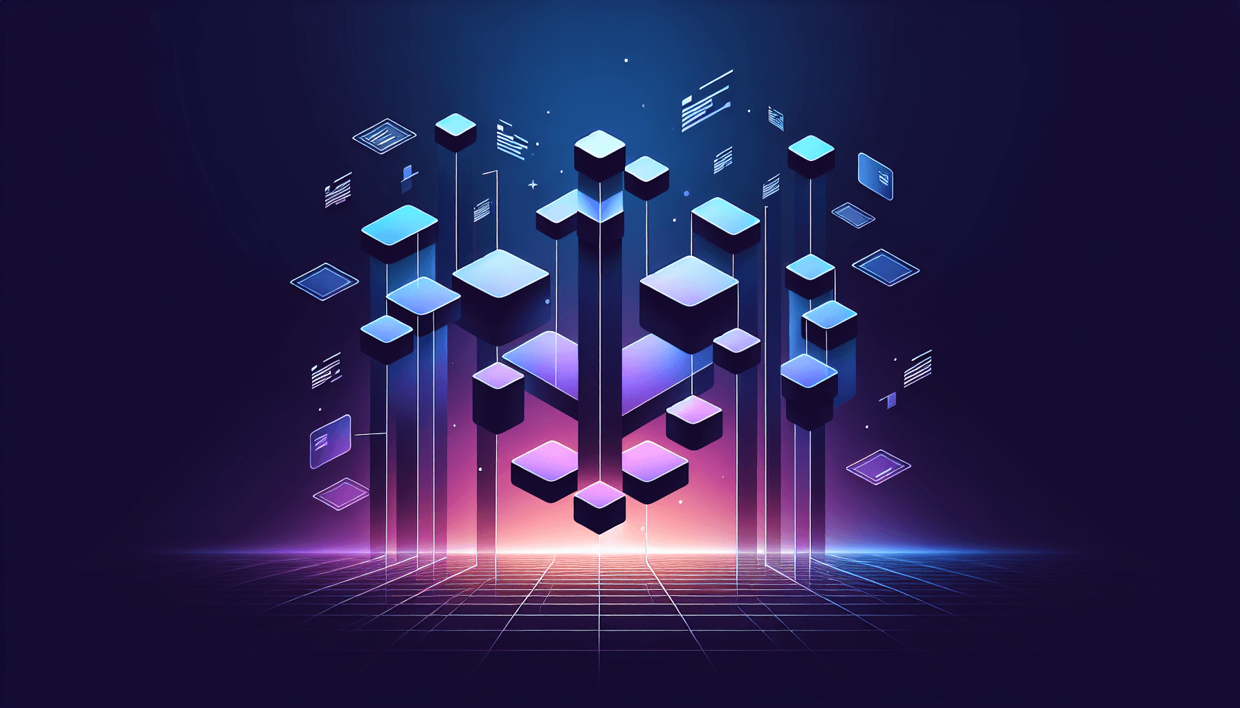 Kanban board visualisatie voor projectmanagement tool vergelijking Abstract kanban board met verschillende kolommen en zwevende taakkaarten in blauw-paarse kleuren voor Trello alternatieven
