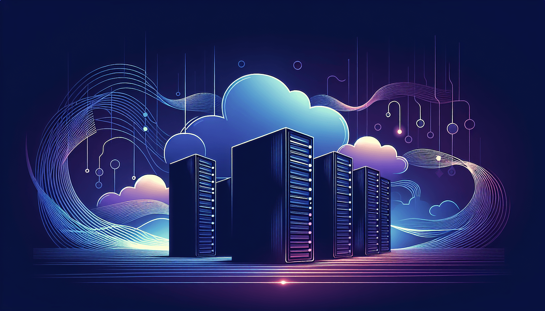 VPS hosting providers vergelijking Nederland 2026 illustratie Abstract serverracks met cloud vormen en datastromen in blauw-paarse tinten voor VPS hosting Nederland