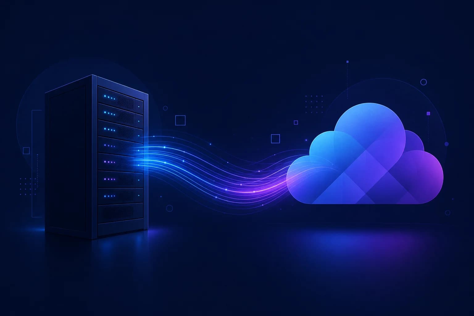 VPS versus cloud hosting visueel vergeleken Abstracte illustratie van een serverrack tegenover een cloudvorm met datastromen in blauw-paarse tinten