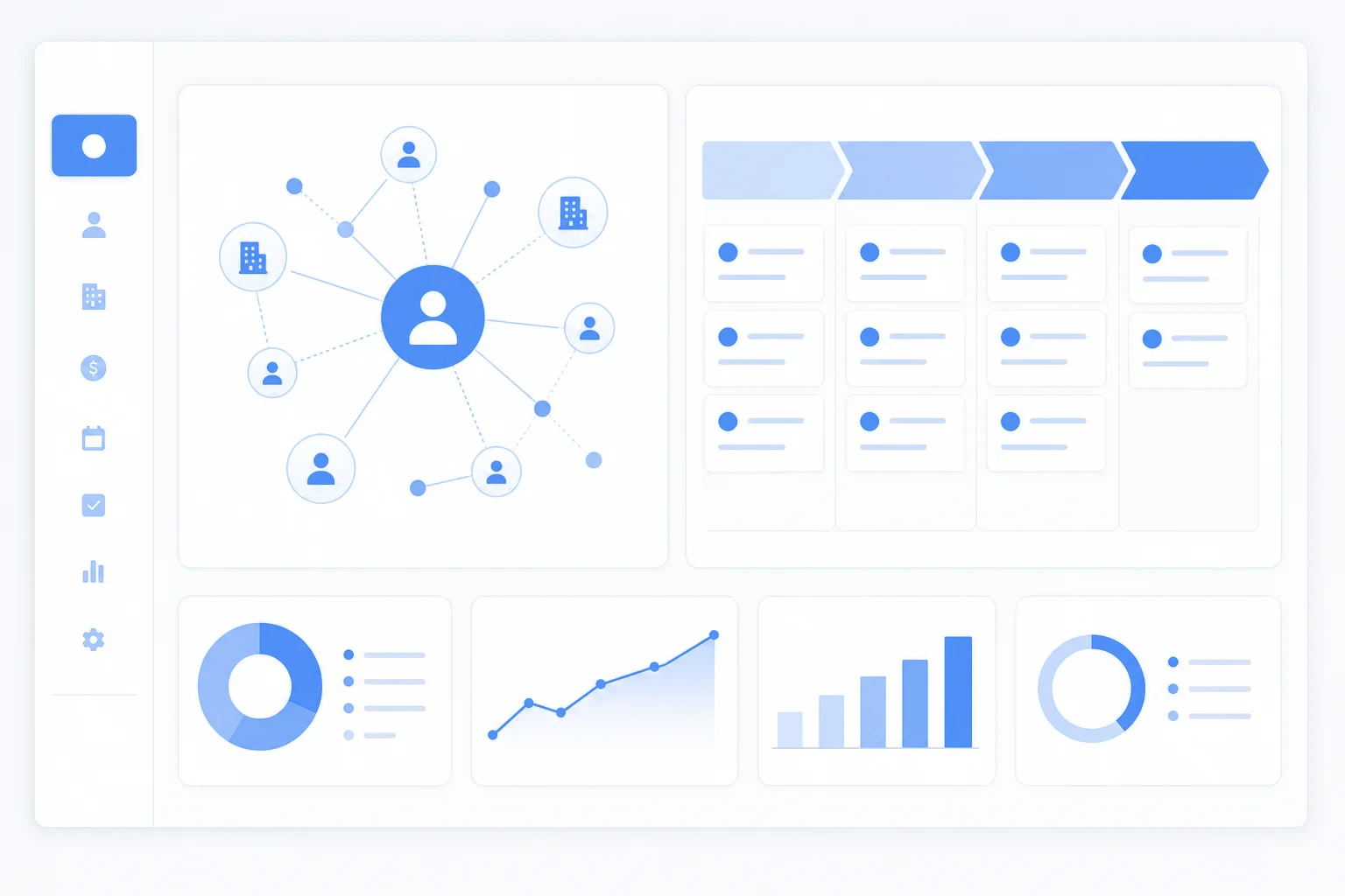 CRM uitgelegd: dashboard met klantrelaties en pipeline Dashboard met klantrelatie-netwerk en pipeline-visualisatie als uitleg van CRM software