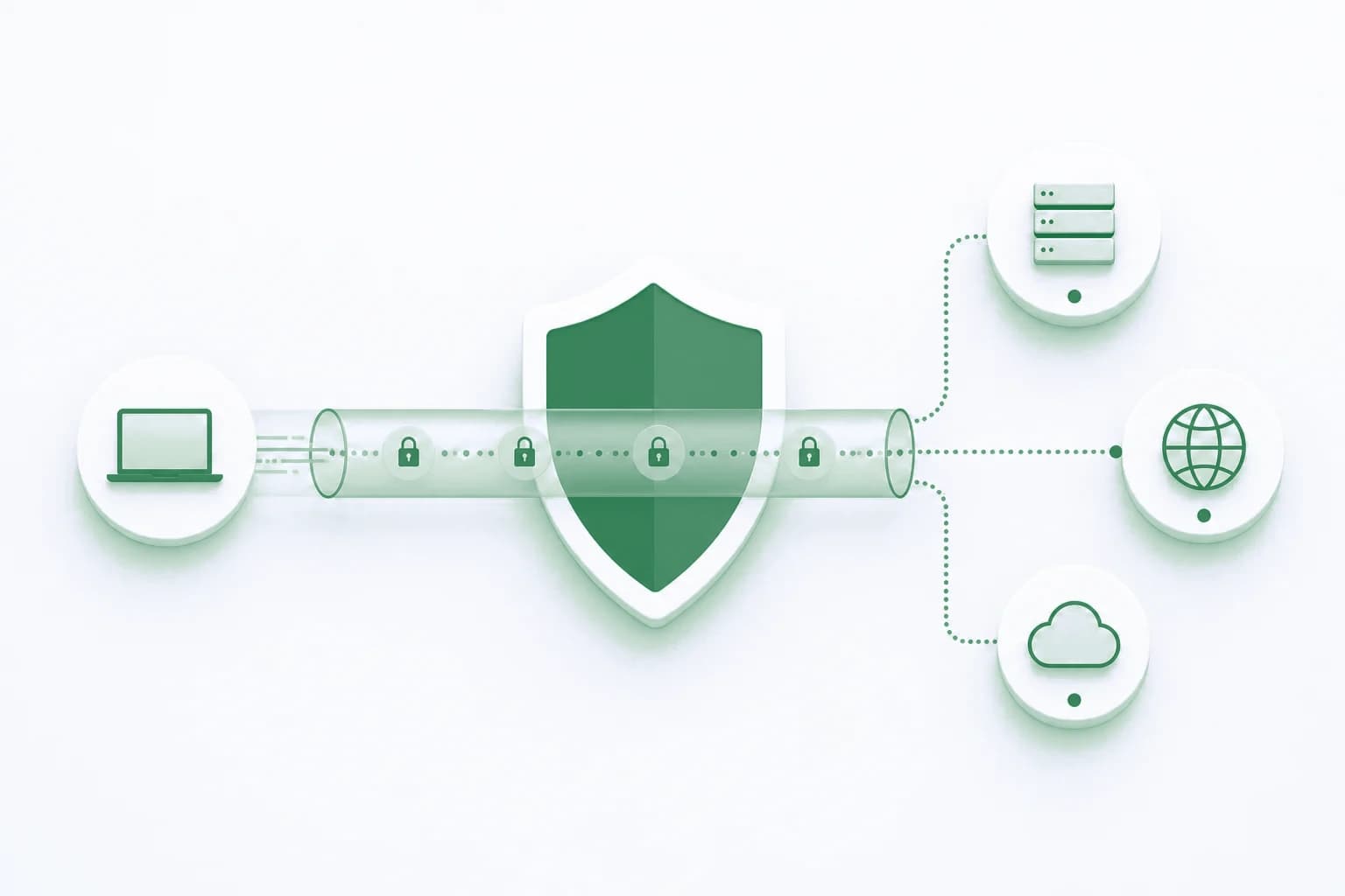 Visuele weergave van een beveiligde VPN-verbinding Blauw schildicoon met versleutelde tunnel en verbonden netwerkknooppunten, symbool voor een veilige VPN-verbinding