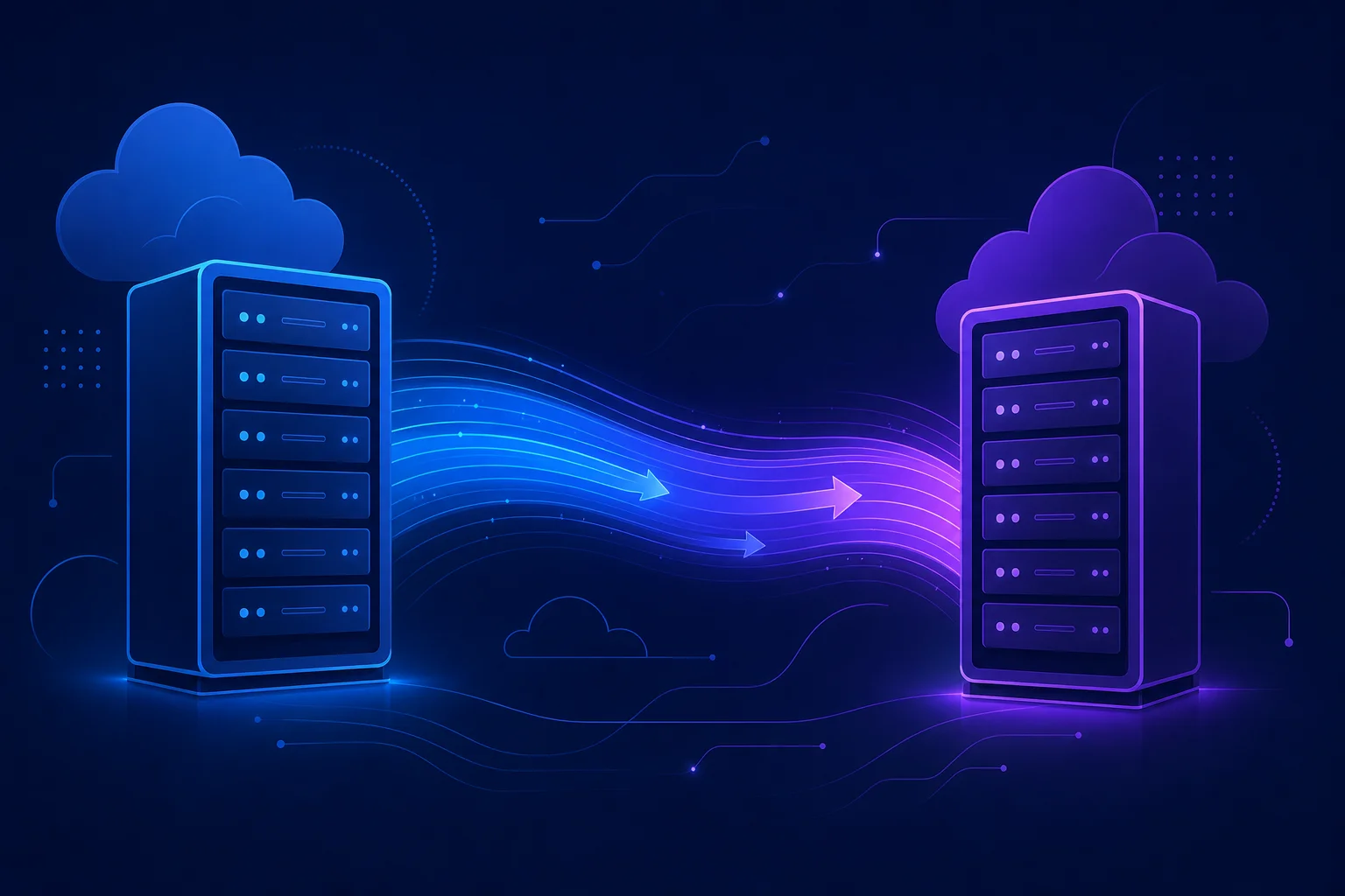 Website verhuizen naar andere hosting: visuele weergave Twee serverrekken verbonden door een datastroom die migratie naar nieuwe hosting symboliseert