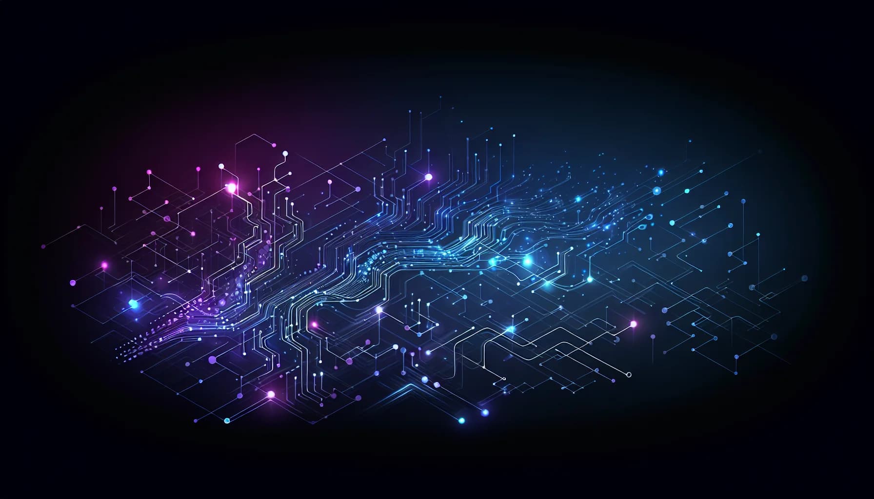 Neural netwerk visualisatie voor AI tools selectie artikel 2026 Abstract neural netwerk met gloeiiende knooppunten en circuit patronen in blauw-paars gradient voor AI tools vergelijking