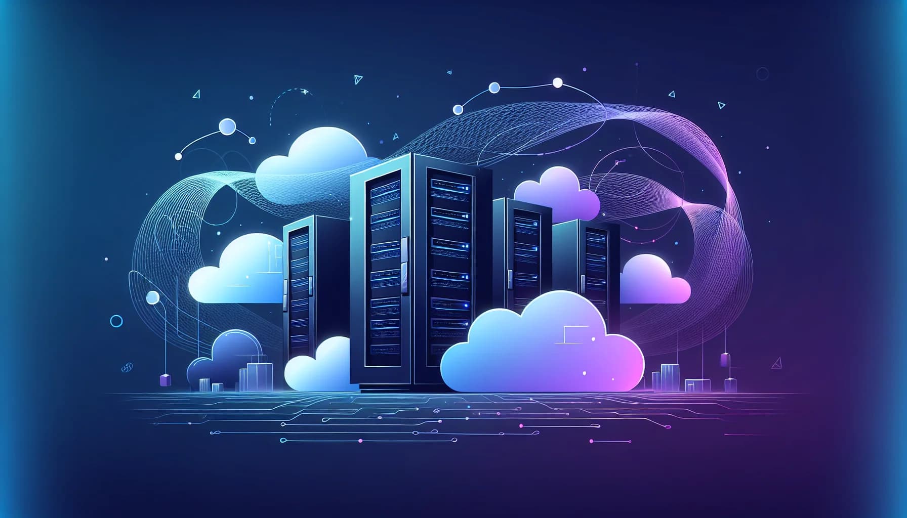 WordPress hosting providers vergelijken - beste keuzes 2026 Abstracte serverracks en cloud vormen met data lijnen in blauw-paars gradient voor WordPress hosting vergelijking