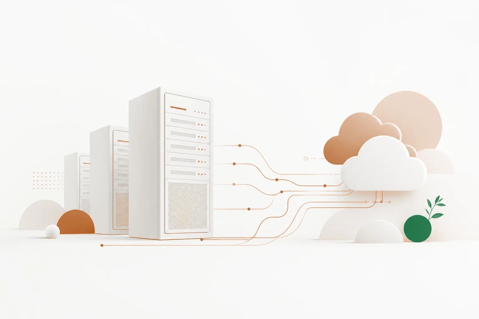 Vergelijking van WordPress hostingproviders Abstracte illustratie van servers en cloudvormen met dataverbindingen als symbool voor WordPress hosting vergelijken