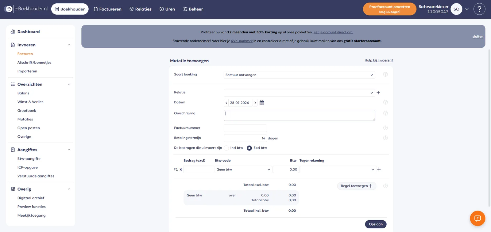 e-Boekhouden.nl facturen aanmaken, screenshot 28 juli 2026