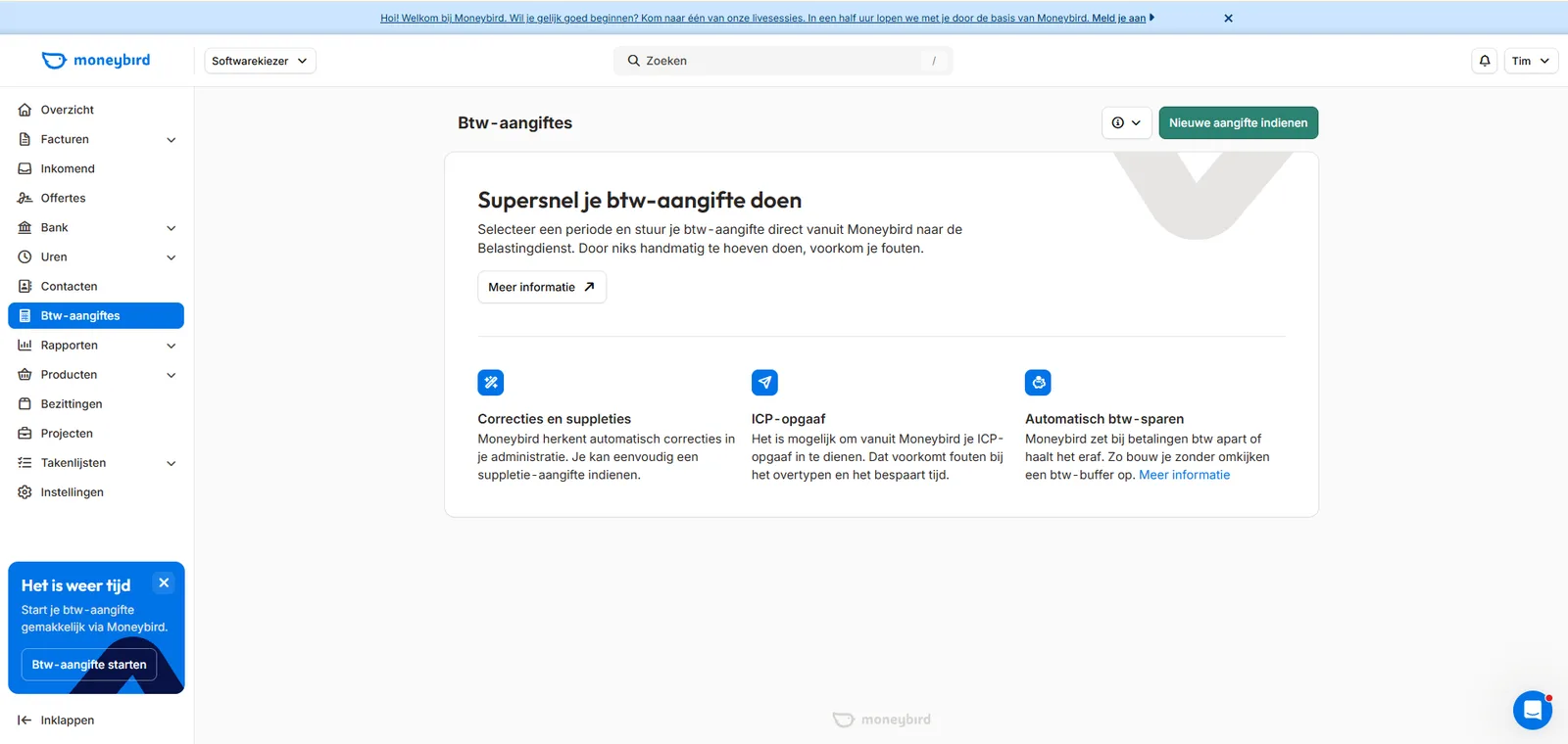 Moneybird BTW-aangiftescherm, screenshot 28 juli 2026