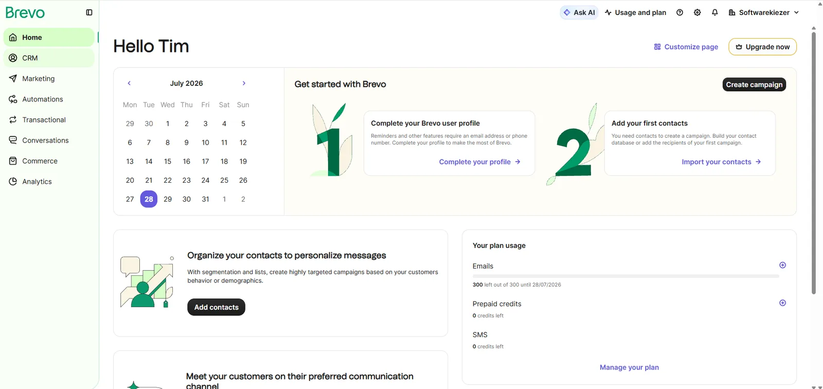 Brevo dashboard, screenshot 28 juli 2026