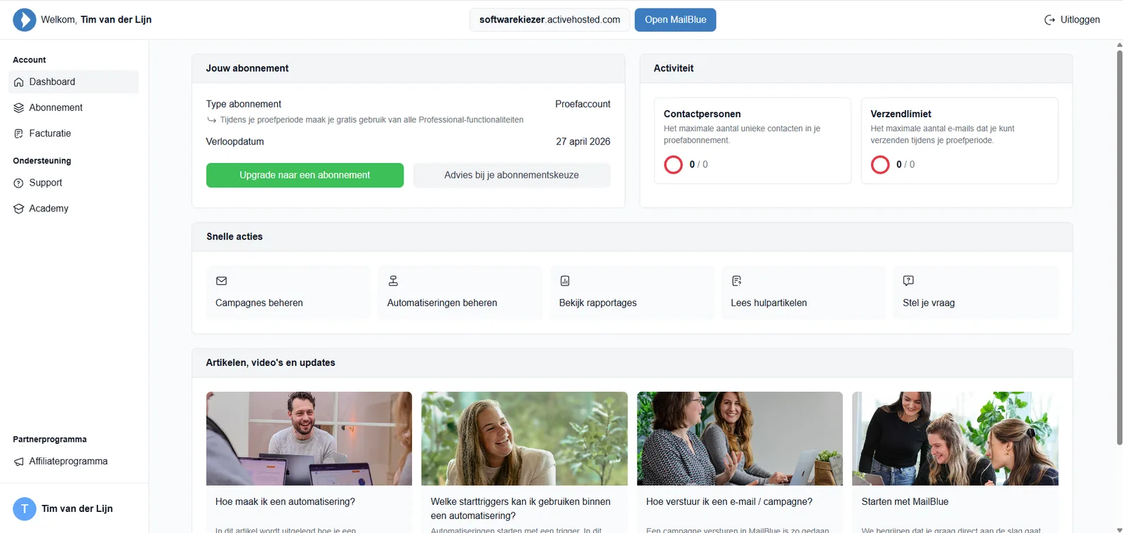 MailBlue dashboard, screenshot 28 juli 2026