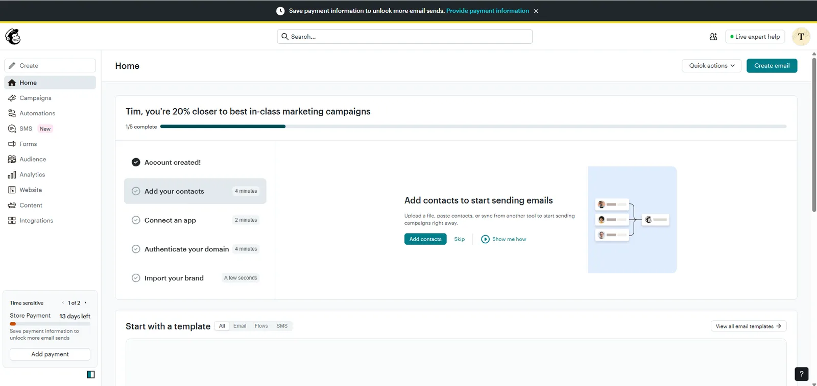 Mailchimp dashboard, screenshot 28 juli 2026