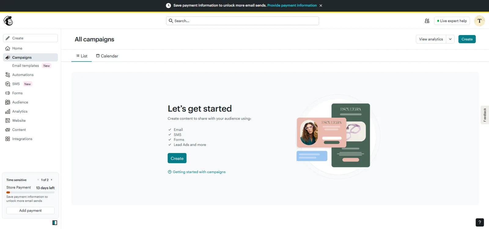 Mailchimp campagne-builder, screenshot 28 juli 2026