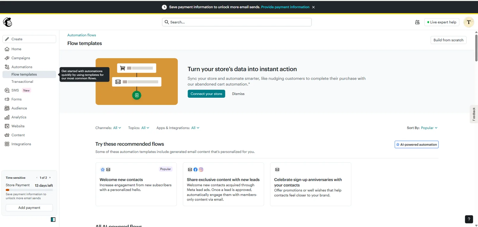 Mailchimp automation-flow, screenshot 28 juli 2026