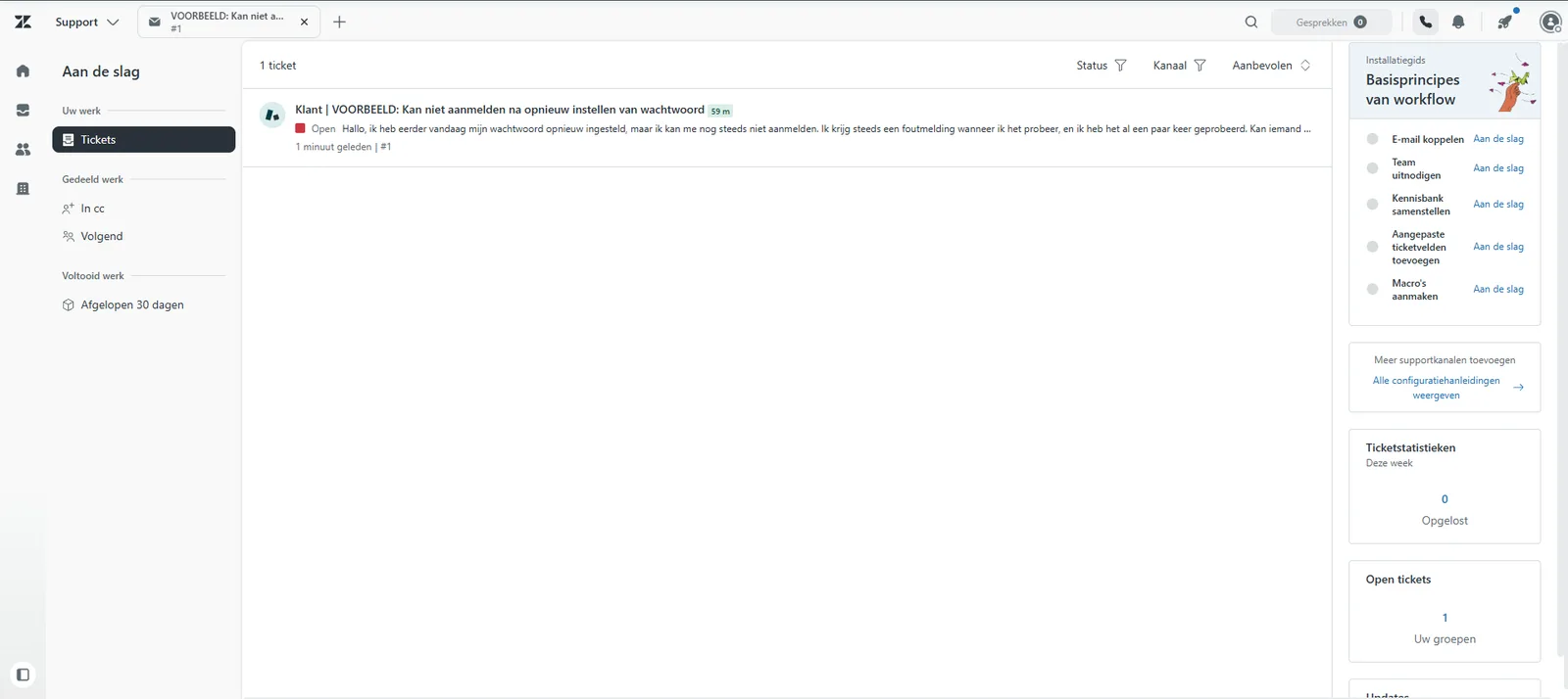 Zendesk dashboard, screenshot 30 juli 2026